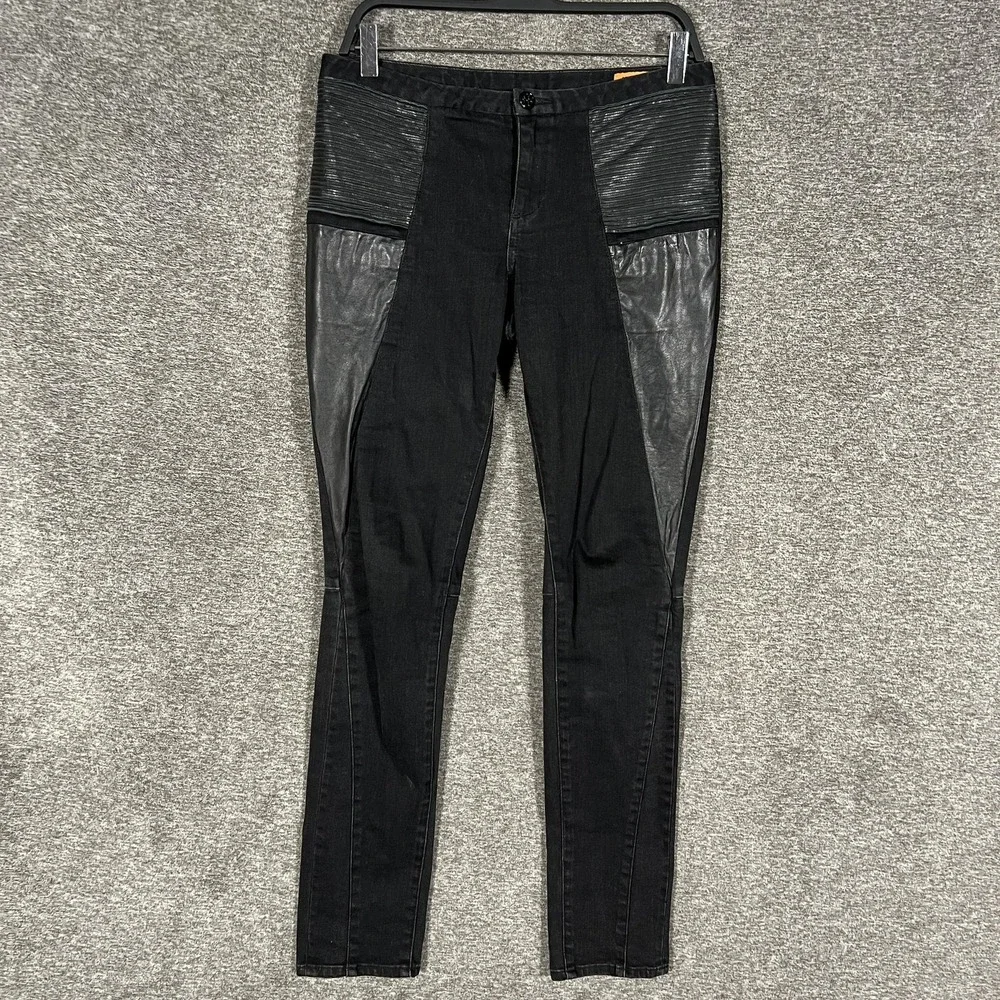 Tory Burch Denim Leggings Womens 27 Black Leather Panel Moto Zip Ankle Stretch